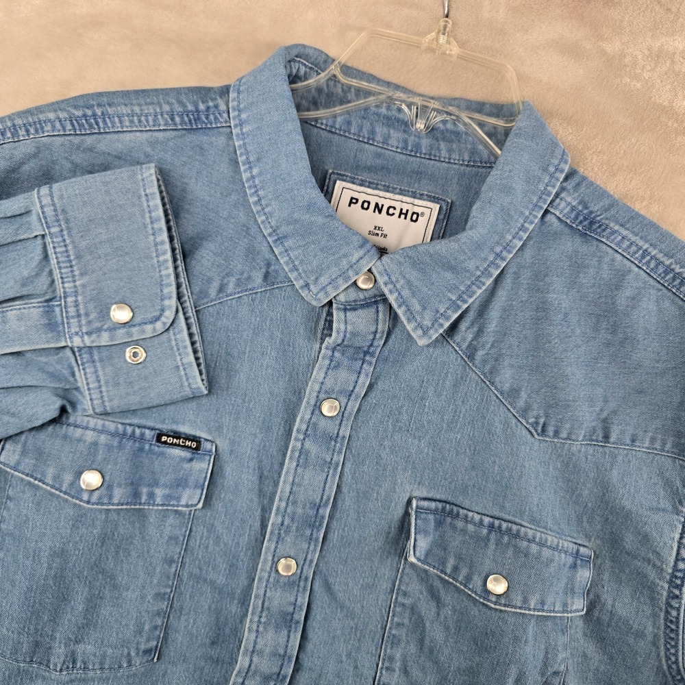 Poncho Western Shirt Men XXL Blue Denim Slim Fit Pearl Snap Long Sleeve